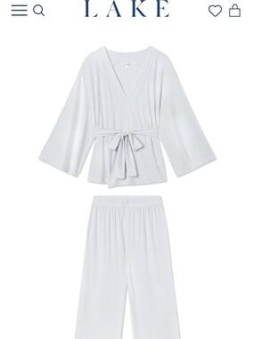 Lake Pajamas DreamKnit Modal Kimono set in fog stripe (light blue), size XS